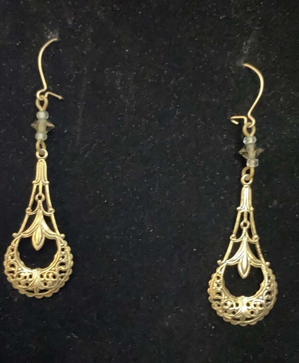 Gold Pierced Wire Clip Close Dangle Filagree Gold Tone Earrings